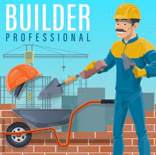 Builder or bricklayer laying a bricks on construction site. Cartoon vector worker character in hard hat building a wall with trowel, cement mortar, wheelbarrow and gloves. Construction industry