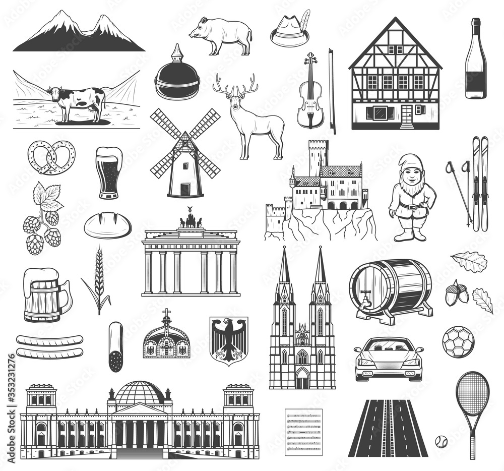 Germany vector objects, symbols and characters. Beer and sausage, pretzel. Bavarian hunting hat, Brandenburg Gate and fachwerk house building, heraldic eagle and Alps mountains, car and autobahn