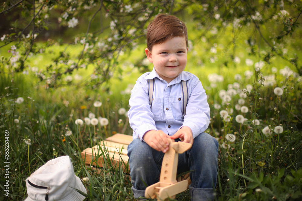 Little cute blond boy playing with a wooden plane in the summer park on the grass on a sunny day, focus on the child, blurred background Little cute blond boy playing with a wooden plane in the summer park on the grass on a sunny day, focus on the child, blurred background
