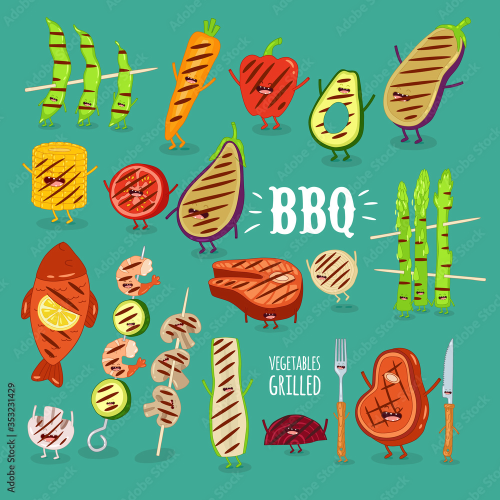 barbecue vegetbles fish funny set. Vector illustration. barbecue vegetbles fish funny set. Vector illustration.