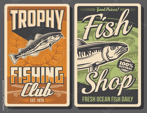 Fishing retro posters. Vector mackerel and codfish with rods and laurel wreath. Fishing club tournament, fisherman equipment, trophy or fish tackle. Active sport competition, outdoor activity or hobby