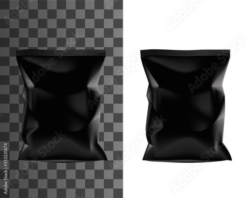 Black flow pack vector mockup or realistic food package. Blank foil or plastic pillow bag, pouch or packet for snack, candy,chocolate or cookie, biscuit or chips, retail packaging template