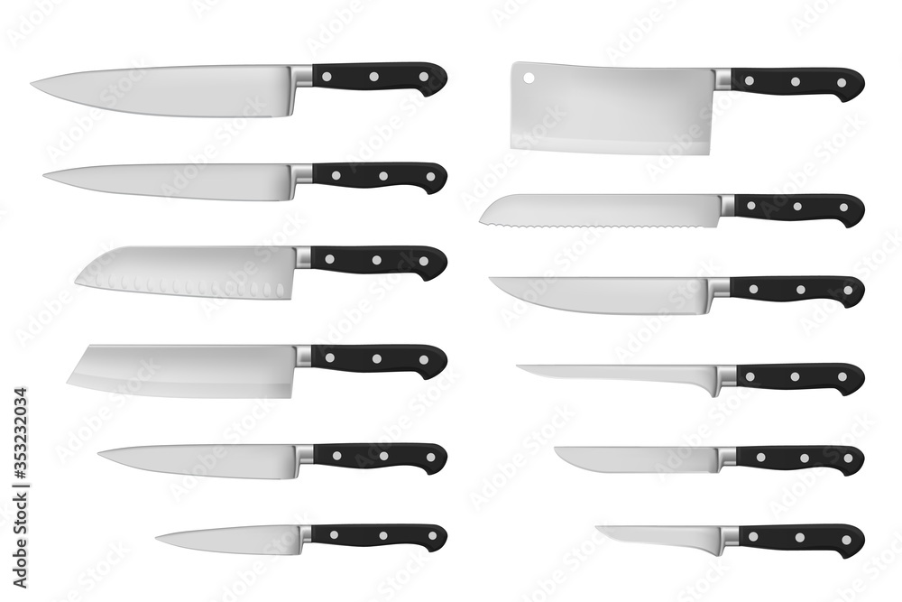 Kitchen and meat cutting knives set realistic vector of chef and butcher  tools. Stainless cleaver, carving and chopping, chefs, filleting, boning  and paring knives with black handles, cutlery design Stock Vector