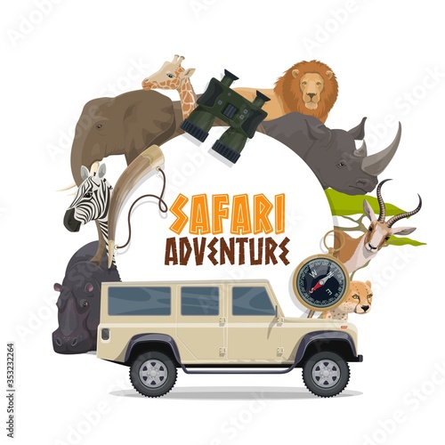 Safari hunting sport and African animals vector design. Safari hunter car, lion, elephant, giraffe, antelope and cheetah or jaguar, elephant, giraffe, rhino and hippo, zebra, compass and hunting horn