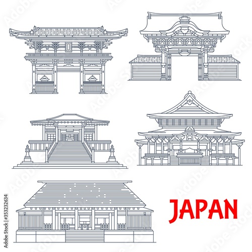Japanese travel landmarks of Tokyo. Vector thin line buildings of Buddhism religion Temples Nishi Honganji, Zensho-an and Jokoji, Nogi Shrine and Gate of Shinto Nezu Shrine, Buddhist architecture
