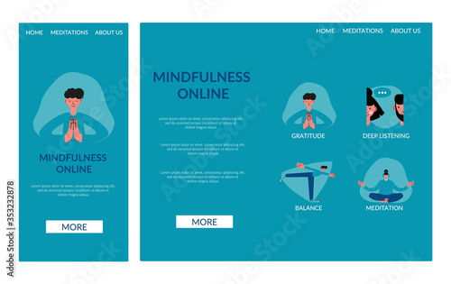 Creative website template designs for yoga application. Mindfulness app or course landing page design. UX, UI vector design
