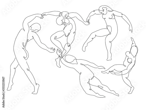 Continuous line drawing Matisse Dance masterpiece of impressionism painting inspired. Black and white hand drawn line art. Abstract outline vector illustration.