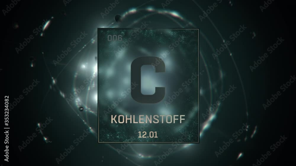 Carbon as Element 6 of the Periodic Table. Seamlessly looping 3D animation on green illuminated atom design background orbiting electrons name, atomic weight element number in German language Carbon as Element 6 of the Periodic Table. Seamlessly looping 3D animation on green illuminated atom design background orbiting electrons name, atomic weight element number in German language