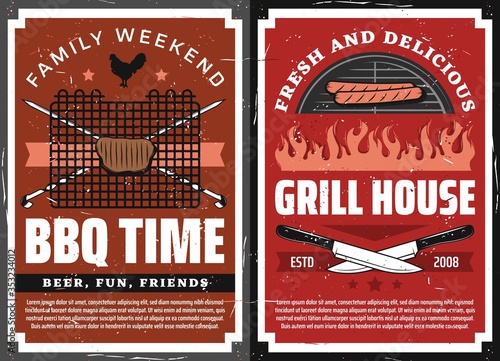 Bbq party and grill house restaurant vector design with barbecue grilled meat food. Beef steak and sausage cooking on charcoal grill frame grunge posters with crossed butcher knives and skewers
