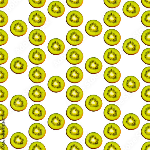 Seamless endless pattern of juicy green slices of kiwi fruit isolated on white background. Design for wrapping paper, fabric and wallpaper.
