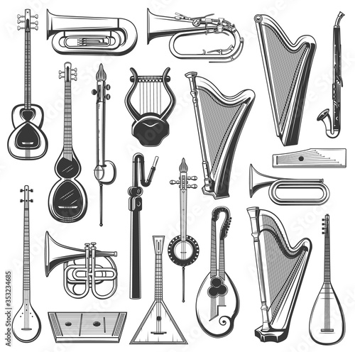 Music instrument isolated sketches. Vector icons of harps, bugle, cornet and clarinet, balalaika, lyre and tuba, vintage gusli, saz, tar and duduk, kamancheh and tanbur, string and wind instruments