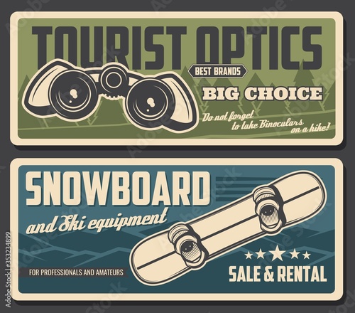 Snowboard and binoculars vector design of tourism equipment and snowboarding sport gear. Winter snow mountains and forest trees, tourist field glasses and snowboarder board with bindings