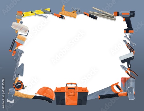 Construction and repair tools vector frame border. Hammer, drill, paint, brush and roller, toolbox, helmet, spanner and wrench, pliers, trowel, spatula and tape measure, axe, saw and knife brocade
