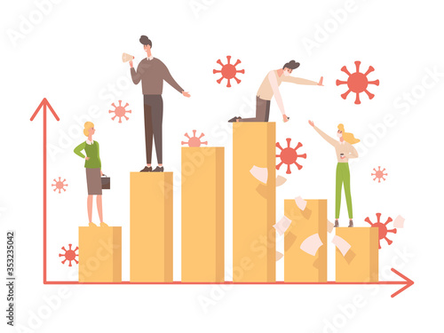 Bar graph during Coronavirus with business people vector flat illustration. Businessmen during the economic crisis.