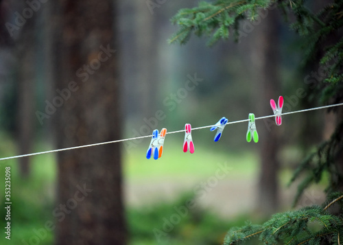 Bright coloured pins on clothes line in forest with copy space