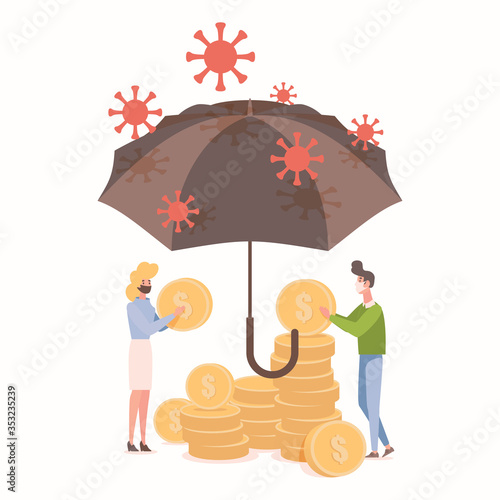 People protect savings from coronavirus epidemic outbreak vector flat illustration. Woman and man hold coins in hands.