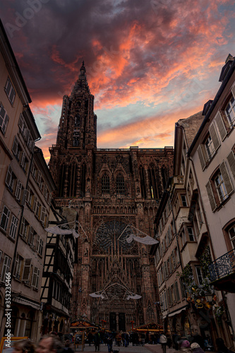 Sunset on the Strasbourg cathedral during the festive and happening Christmas season