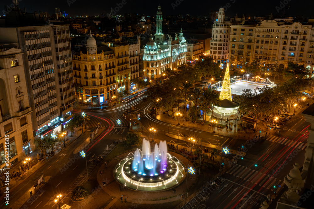  Aerial view of the main square of Valencia at night, The Plaza del Ayuntamiento, Spain