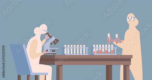 Doctor or nurse in protective suit developing vaccine against coronavirus vector flat illustration.
