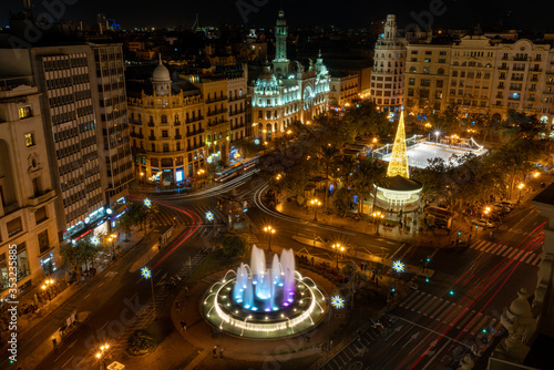  Aerial view of the main square of Valencia at night, The Plaza del Ayuntamiento, Spain