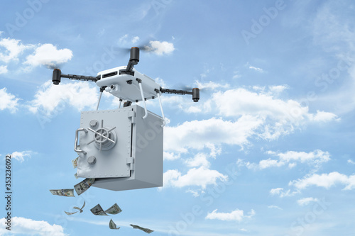 3d rendering of white drone carrying open bank safe with dollars falling out on blue sky background