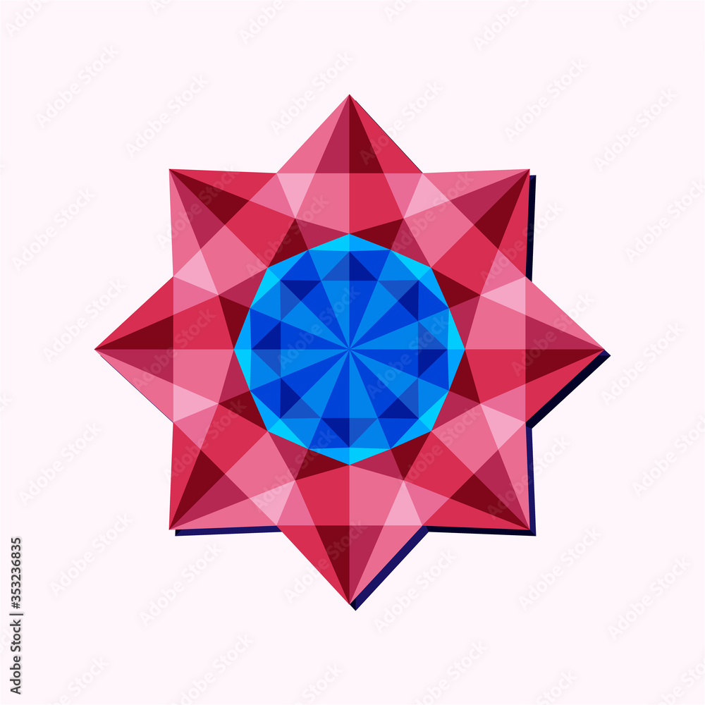 This is a polygonal pattern. This is a blue and pink geometric mandala. Kaleidoscope pattern. This is a vector arabic geometric symbol. This is a polygonal pattern. This is a blue and pink geometric mandala. Kaleidoscope pattern. This is a vector arabic geometric symbol.