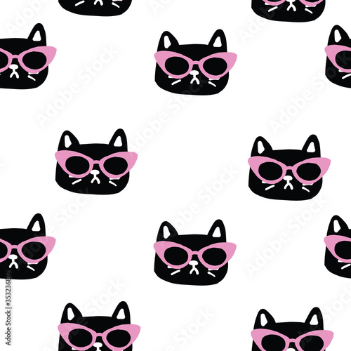 Seamless cat head pattern with cute Kittens in 50s cat eye sunglasses. Creative childish white texture. Great for fabric, textile Vector Illustration