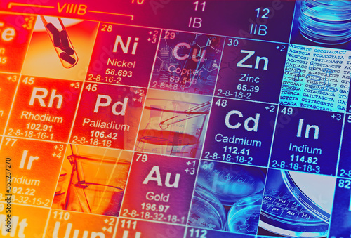 Foto Periodic table of elements and laboratory tools. Science