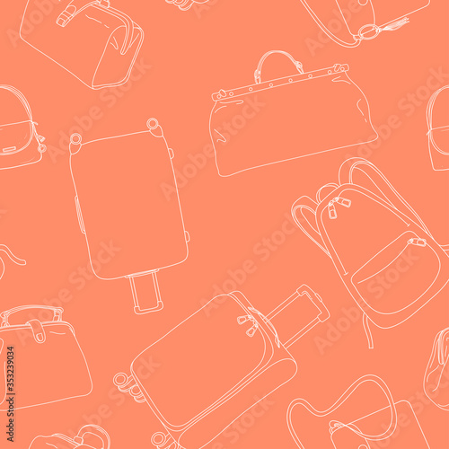 Seamless pattern with travel bags, wheeled suitcases and a backpack. White outline on a red background.