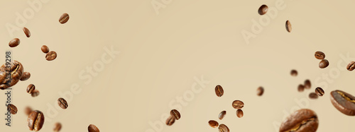 Food Mockup with flying coffee beans. Long banner. photo