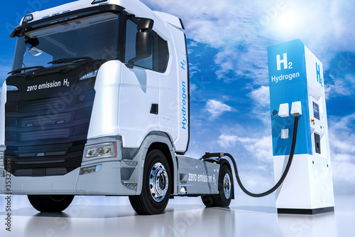 hydrogen logo on gas stations fuel dispenser. h2 combustion Truck engine for emission free ecofriendly transport.