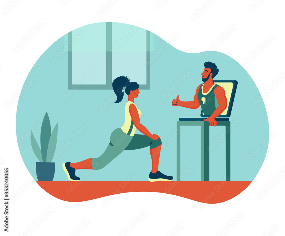 the girl do sport with a trainer through a laptop. Training online from home. concept for remote workout  in quarantine from home. vector trend illustration