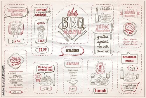 Chalkboard barbecue menu, beef steaks, sausages, lunch, breakfast and sauces, etc.