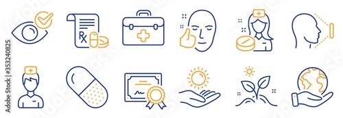 Set of Healthcare icons, such as Nurse, Capsule pill. Certificate, save planet. Face id, Medical prescription, First aid. Healthy face, Doctor, Check eye. Sun protection, Grow plant line icons. Vector