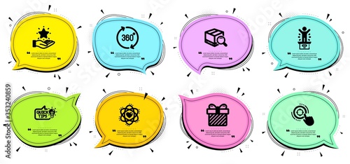 Search package, Loyalty program and 360 degrees signs. Chat bubbles with quotes. Education idea, Surprise and Atom line icons set. Seo target, Winner podium symbols. Vector