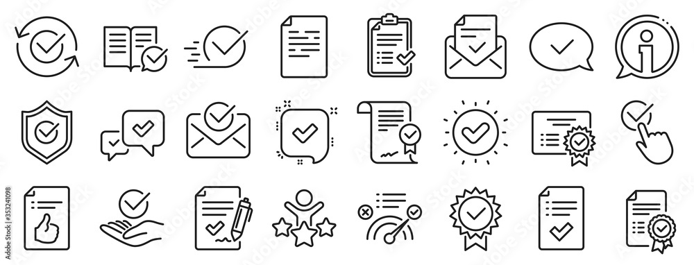 Set of Checklist, Certificate and Award medal icons. Approve line icons. Certified document, Accepted approve and Confirm mail. Guarantee, Check mark and Correct agreement. Checklist document. Vector