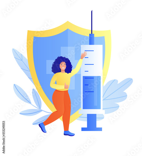 a happy girl stands against the background of a syringe with a vaccine and a shield. a measure of preventative security. Creating immunity against viruses and diseases. Vector trend illustration