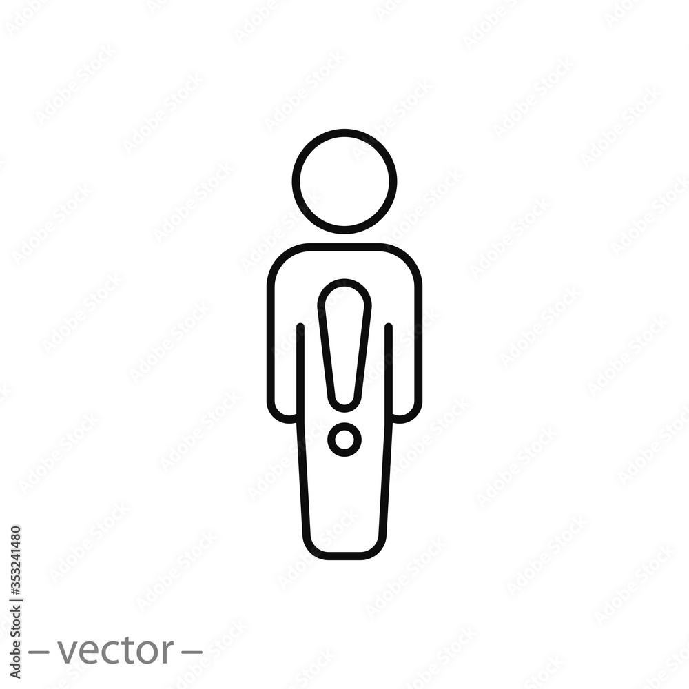 Obraz premium alert risk for man icon, human with exclamation mark, attention information caution, thin line web symbol on white background - editable stroke vector illustration eps10