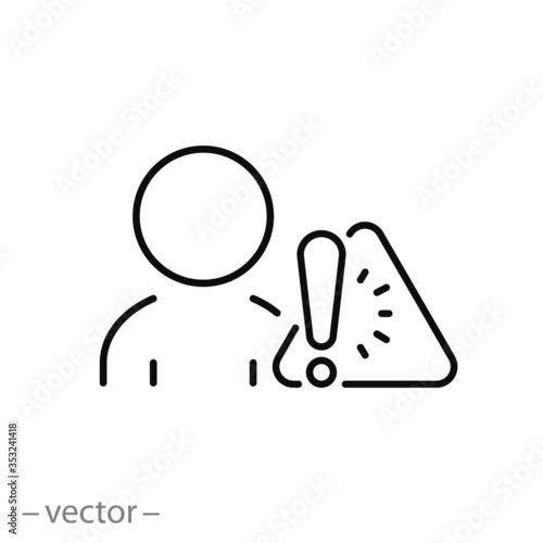 alert risk for man icon, human with exclamation mark, attention information caution, thin line web symbol on white background - editable stroke vector illustration eps10