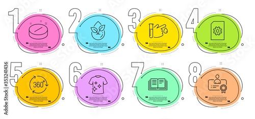 360 degree, Organic product and Education signs. Timeline steps infographic. Clean t-shirt, Certificate and Blood donation line icons set. File management, Medical tablet symbols. Vector