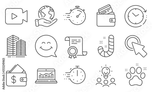Set of Business icons, such as Click here, Smile face. Diploma, ideas, save planet. Pet friendly, Time change, Video camera. Cooking timer, Skyscraper buildings, Debit card. Vector