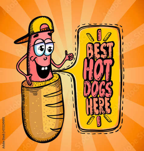 Best hot dogs here sign with cartoon sausage dressed in bun