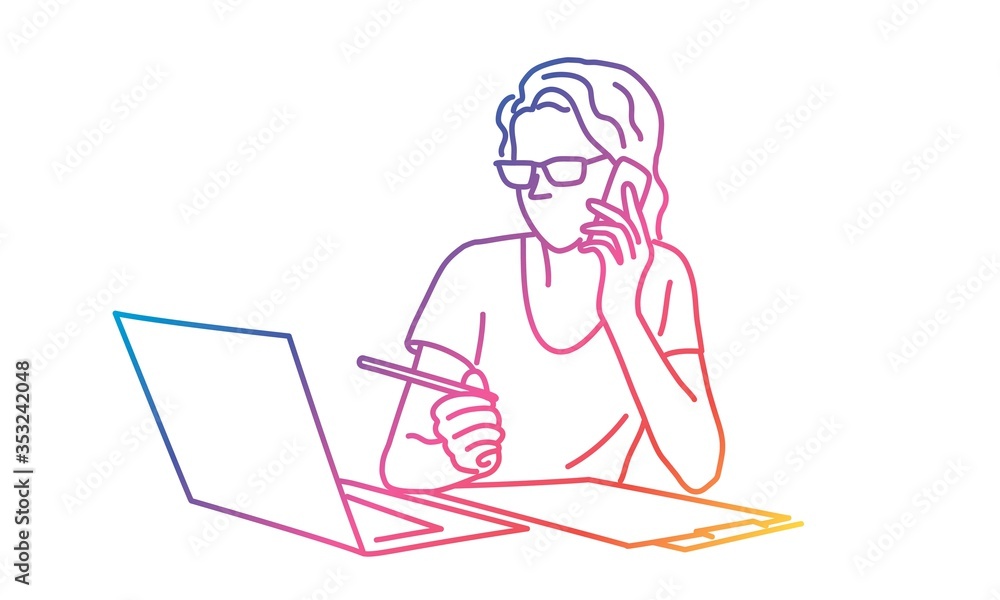 Sketch of woman with glasses using laptop and talking on the phone. Rainbow colors in linear vector illustration. Sketch of woman with glasses using laptop and talking on the phone. Rainbow colors in linear vector illustration.
