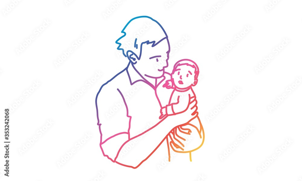 Young man holding baby in his arms. Tenderness. Rainbow colors in linear vector illustration. Young man holding baby in his arms. Tenderness. Rainbow colors in linear vector illustration.