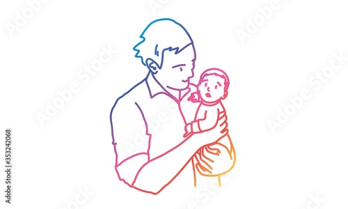 Young man holding baby in his arms. Tenderness. Rainbow colors in linear vector illustration.