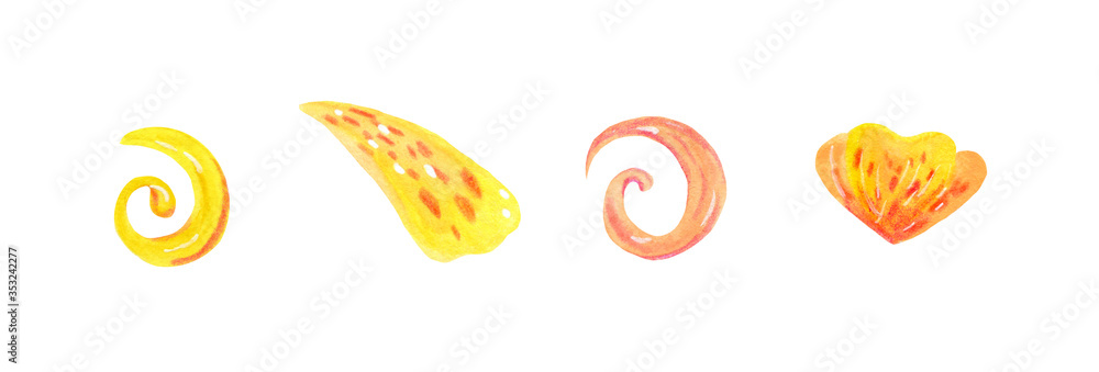 Abstract spring set, yellow flower petals of festive decoration and design. Bright children’s, watercolor illustration, plants, clipart on a white background. Abstract spring set, yellow flower petals of festive decoration and design. Bright children’s, watercolor illustration, plants, clipart on a white background.