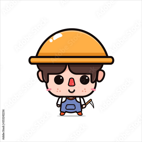 Cute chibi gardener boy with sickle cartoon character illustration mascot icon design