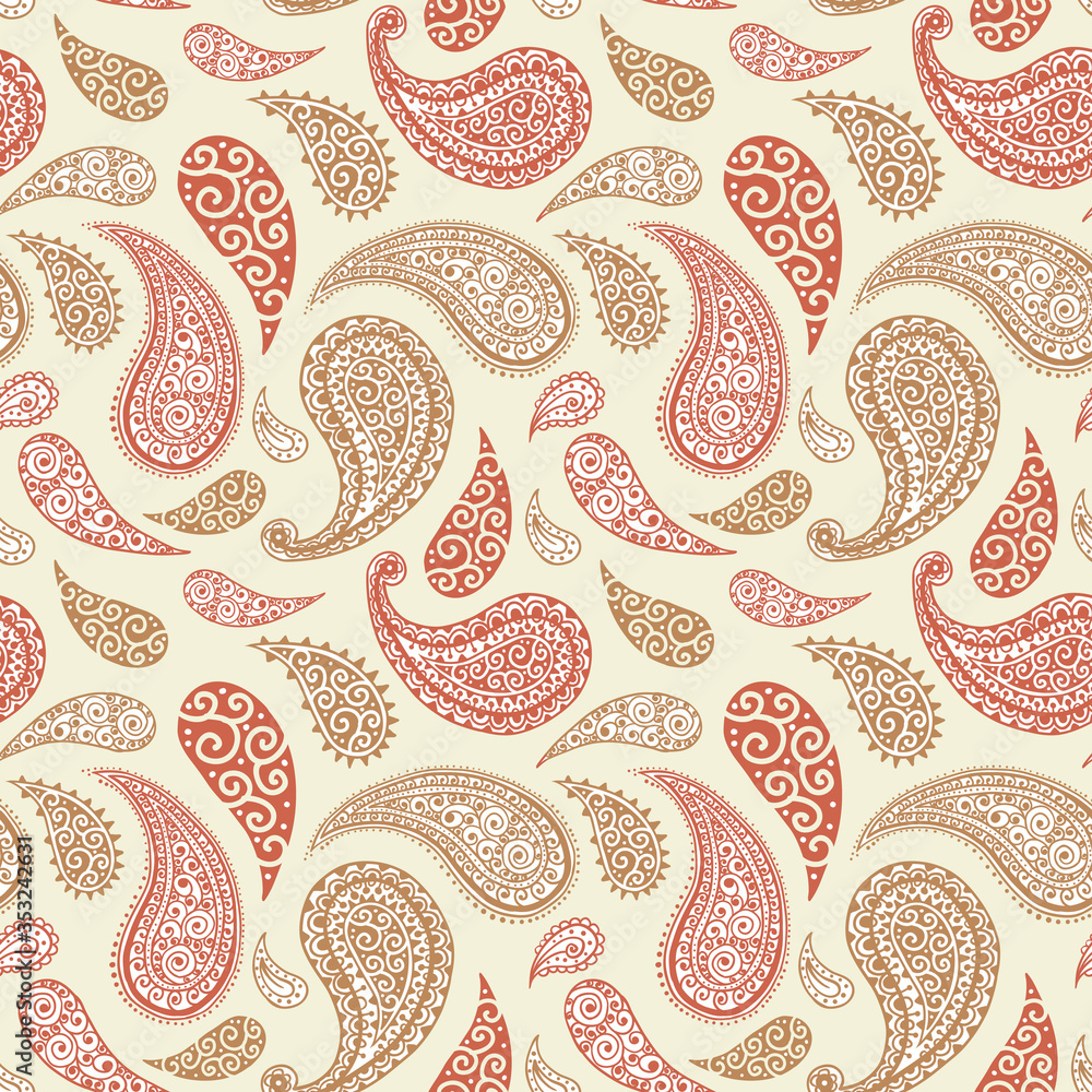 Paisley pattern on yellow background, seamless gold, red and white floral ornament, vector design. Abstract simple vintage Paisley pattern decoration, pastel pale colors floral fabric background