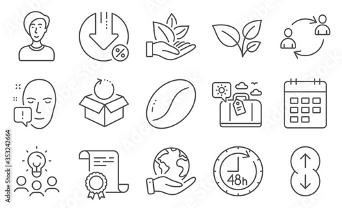 Set of Business icons, such as Scroll down, 48 hours. Diploma, ideas, save planet. User communication, Leaves, Loan percent. Organic product, Businesswoman person, Calendar. Vector