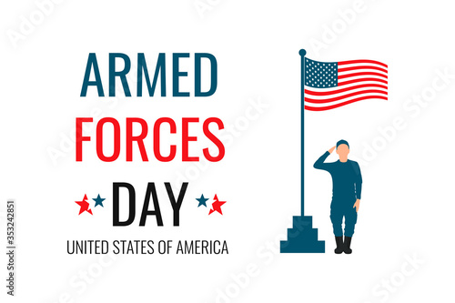 USA Armed Forces day greeting card template. United States of America flag with soldier in military uniform. Vector horizontal banner, poster, flyer design for National american army patriot holiday